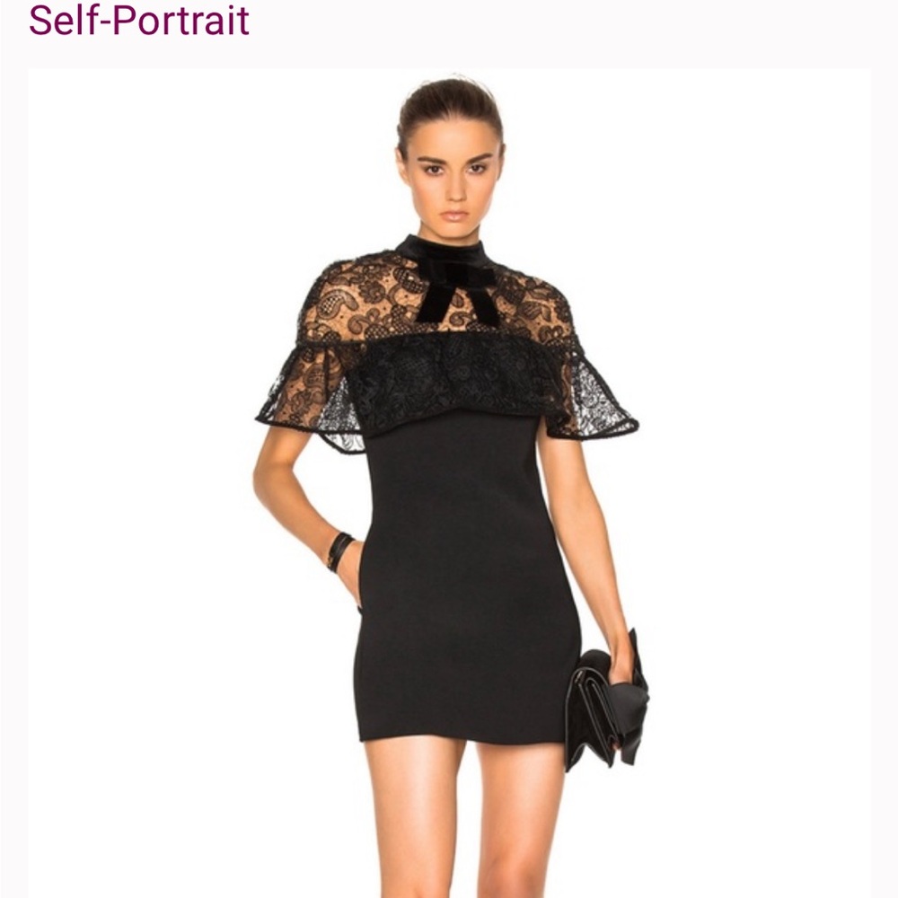 SELF POTRAIT Black Cape Dress  Lace Mini Dress US 10